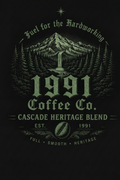 1991 Coffee Co. Cascade Heritage Blend — vintage Pacific Northwest engraving style label