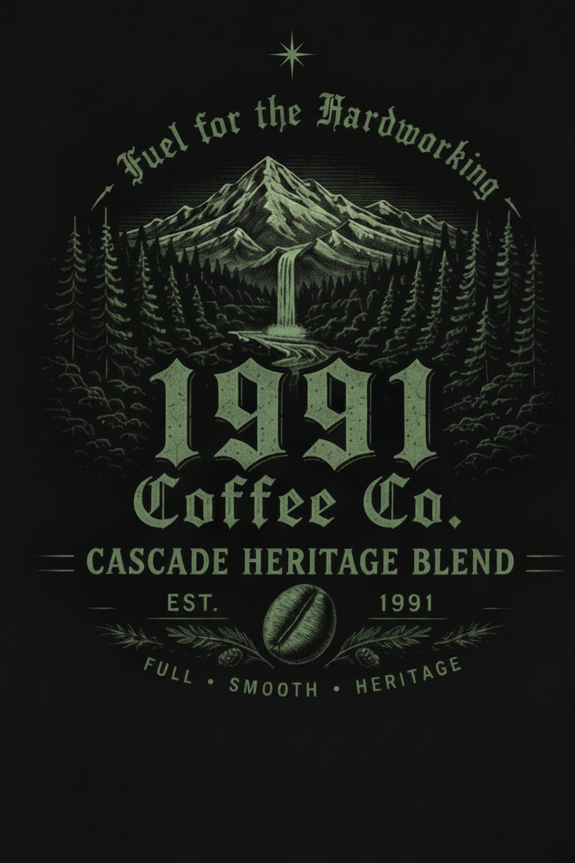 1991 Coffee Co. Cascade Heritage Blend — vintage Pacific Northwest engraving style label