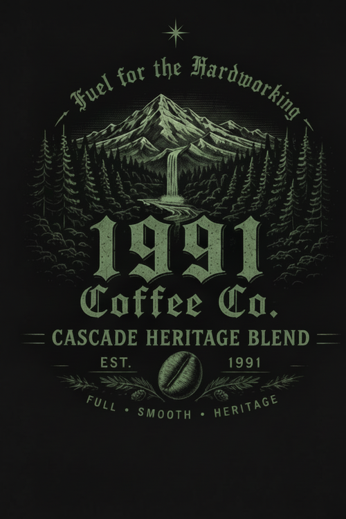1991 Coffee Co. Cascade Heritage Blend — vintage Pacific Northwest engraving style label